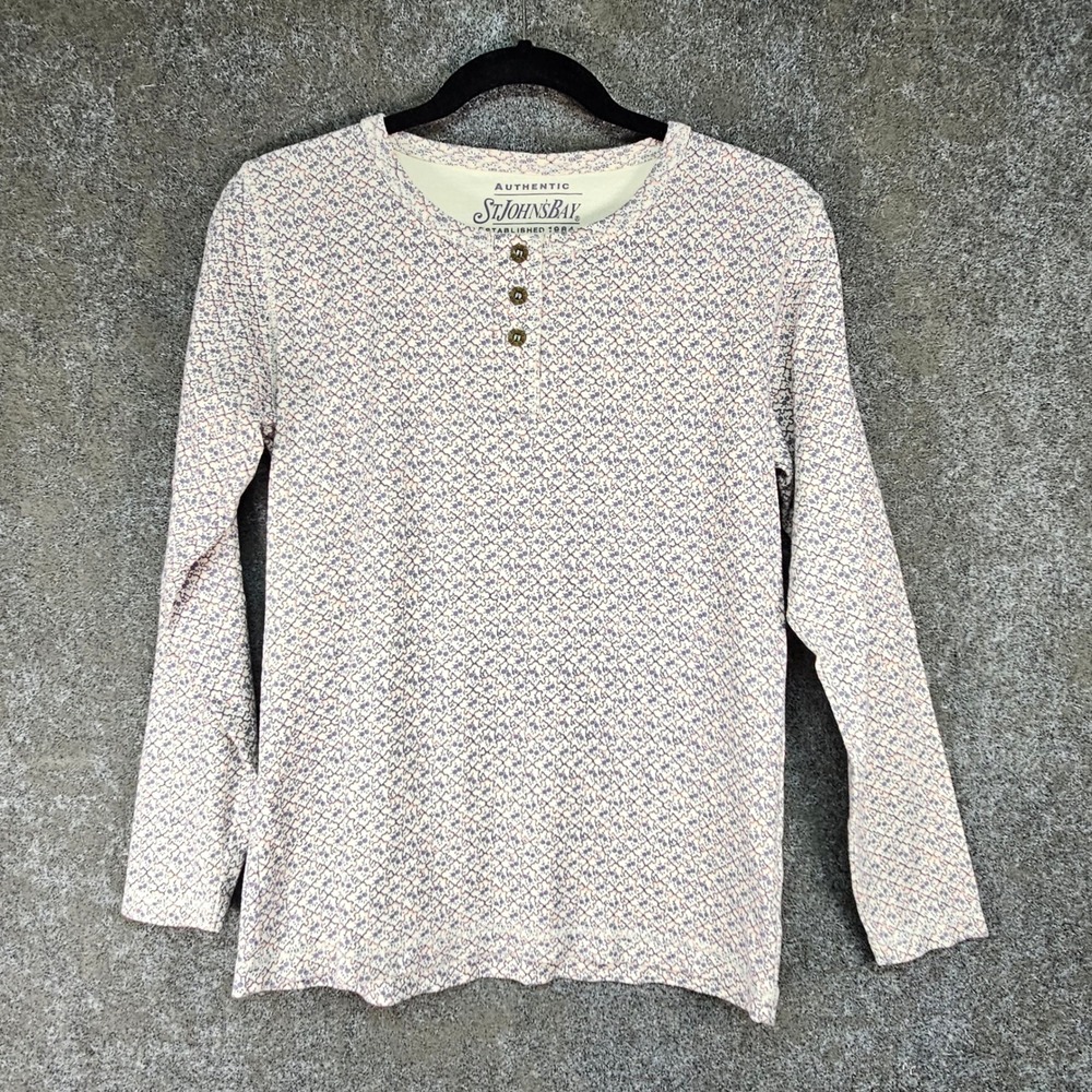 St Johns Bay Womens Floral Henley Top Long Sleeve Cotton Purple Pink Cream Small